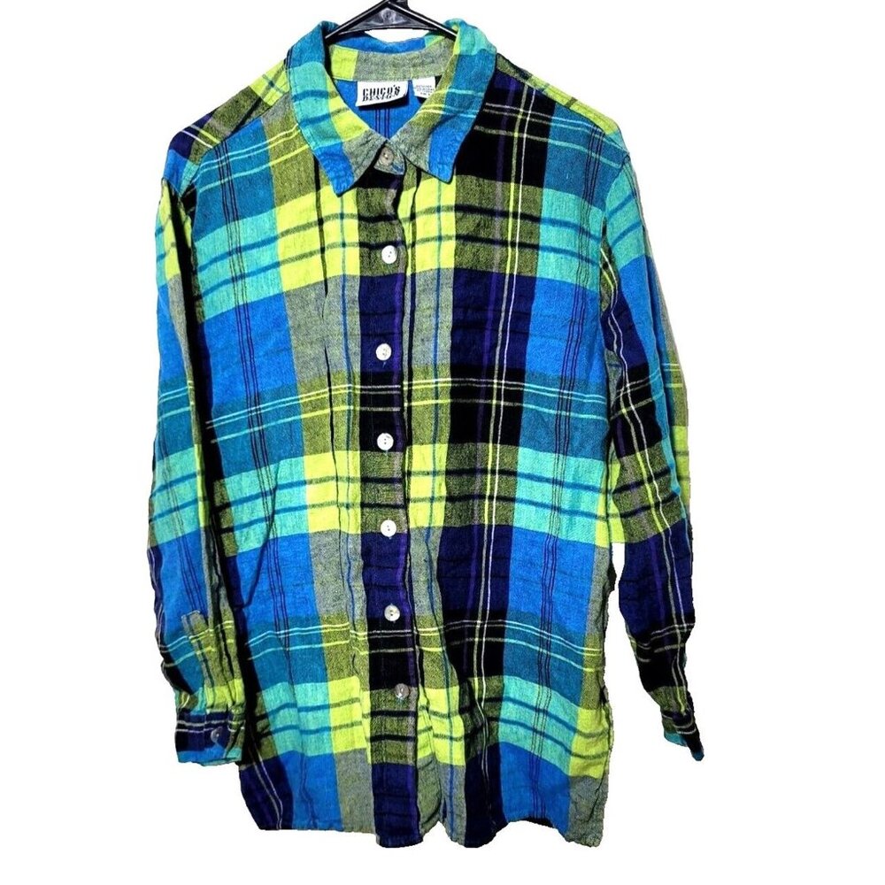 Chicos Design Womens sz 3 multicolored plaid linen button long sleeve side slits
